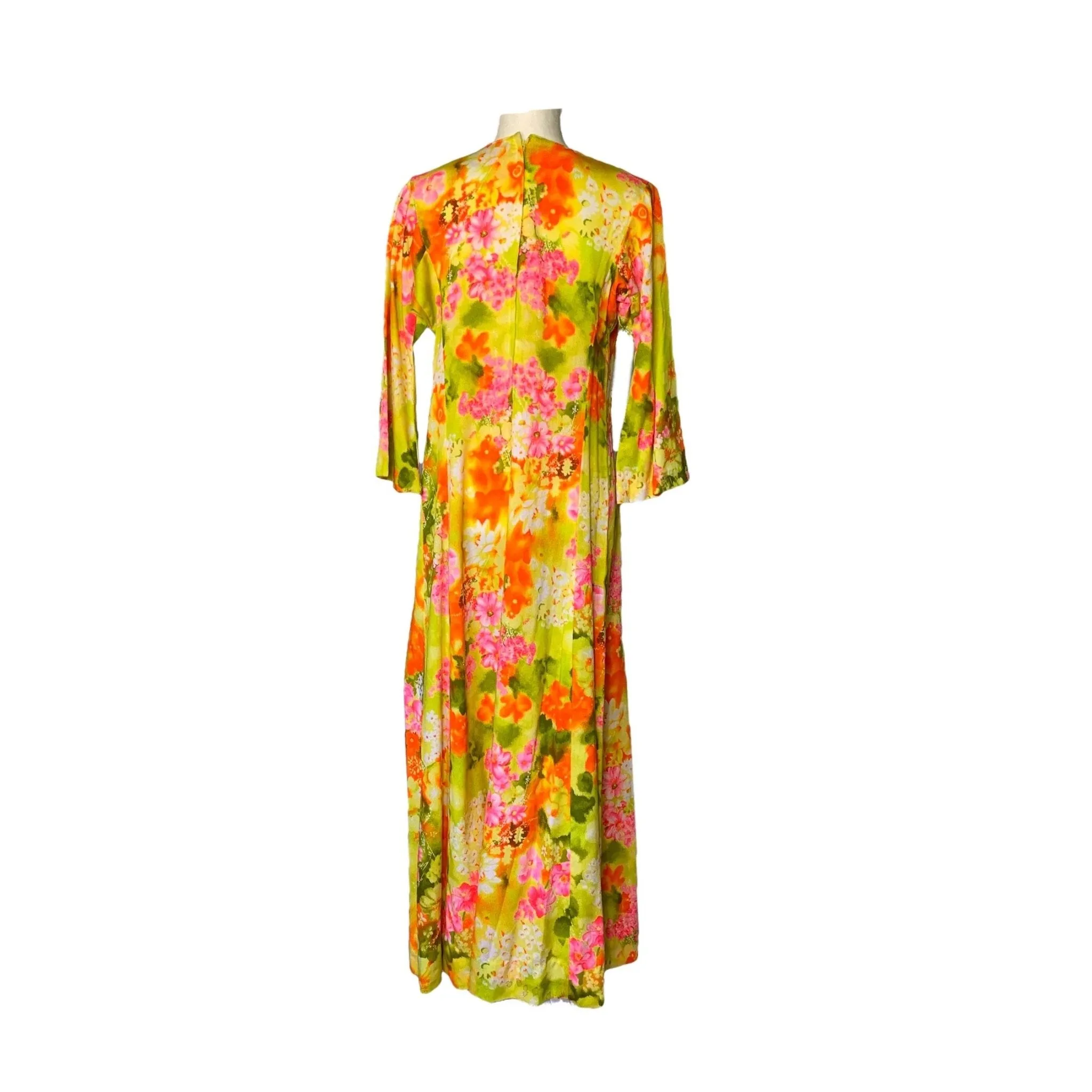 1970s Hawaiian Floral Maxi Dress in Bright Yellows Oranges Pinks and Greens. Perfect Festival Dress.