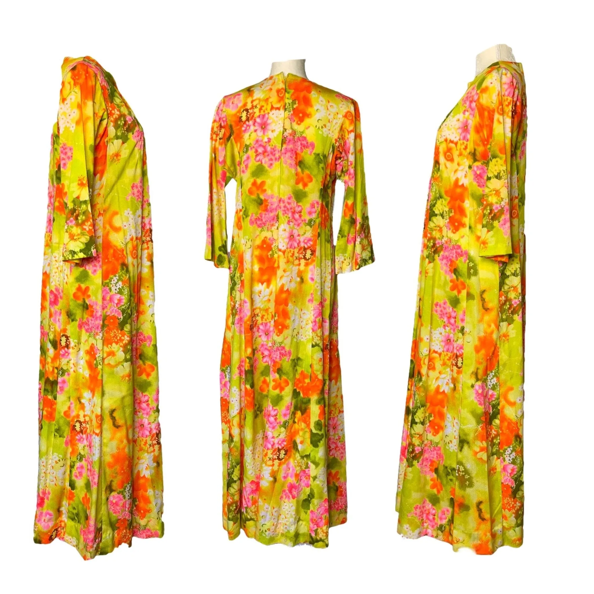 1970s Hawaiian Floral Maxi Dress in Bright Yellows Oranges Pinks and Greens. Perfect Festival Dress.