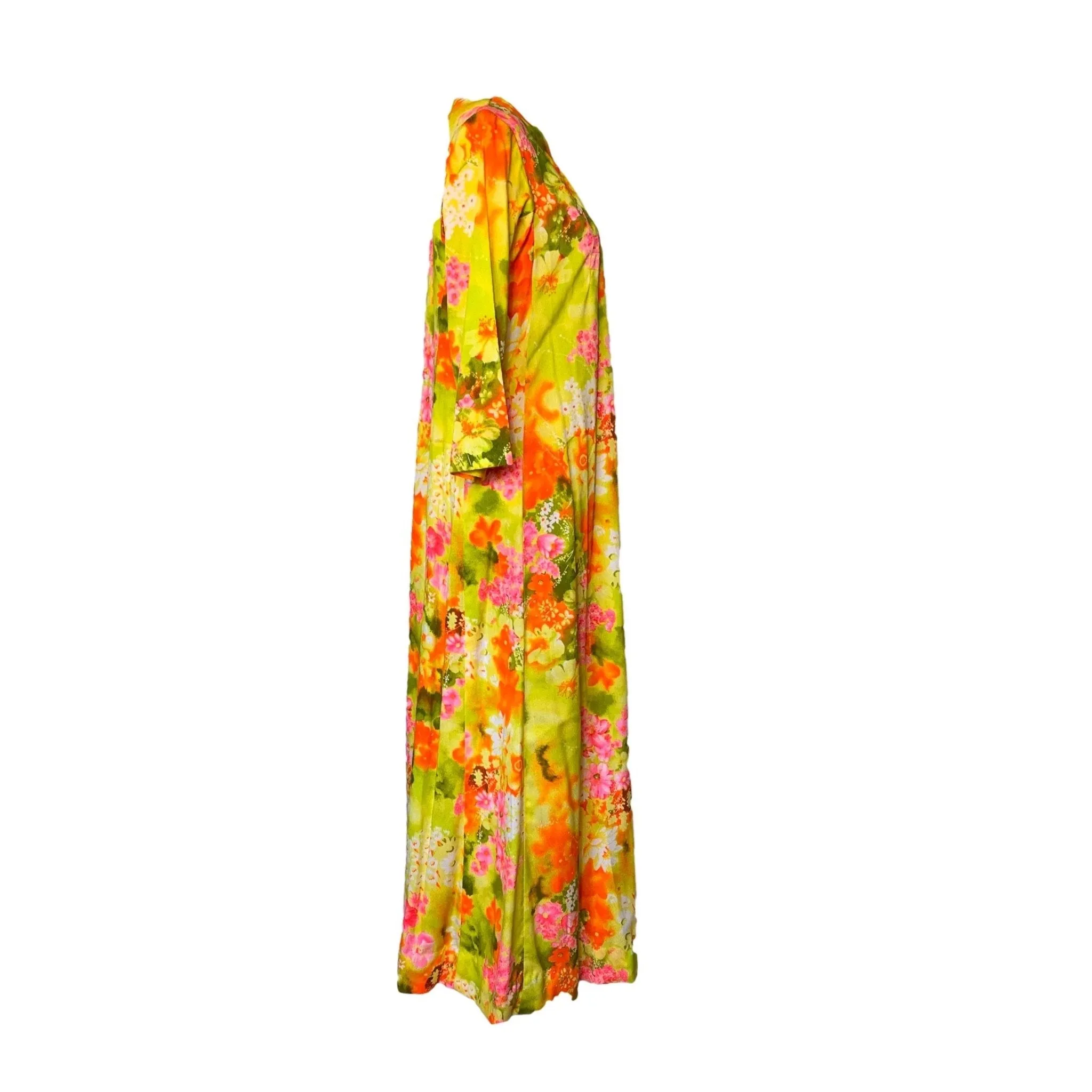 1970s Hawaiian Floral Maxi Dress in Bright Yellows Oranges Pinks and Greens. Perfect Festival Dress.