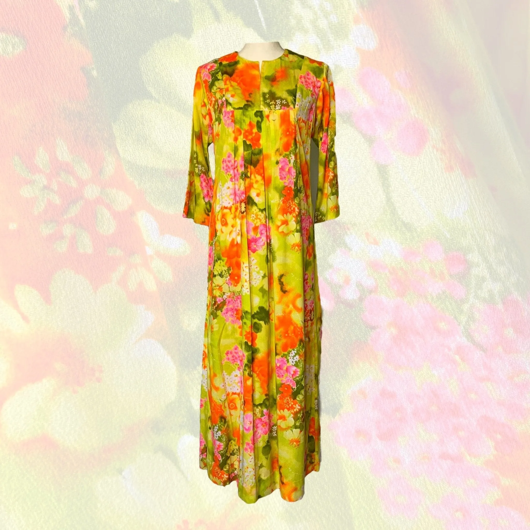 1970s Hawaiian Floral Maxi Dress in Bright Yellows Oranges Pinks and Greens. Perfect Festival Dress.