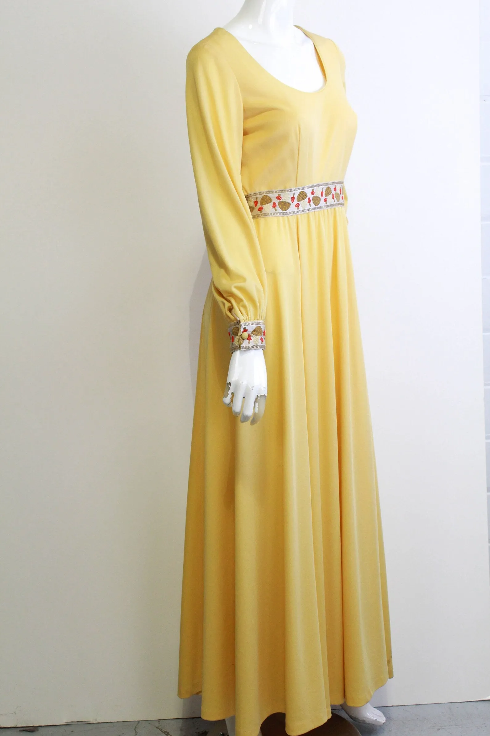 1970s Yellow Mushroom Trim Maxi Dress, Small