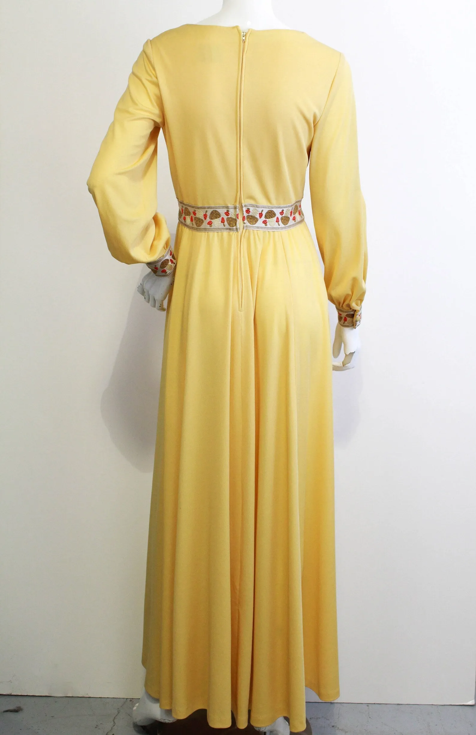 1970s Yellow Mushroom Trim Maxi Dress, Small