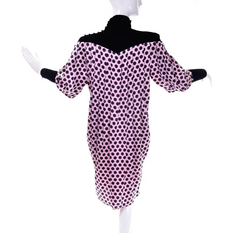 1980s Emanuel Ungaro Tent Dress Velvet & Pink Silk w/ Black Polka Dots