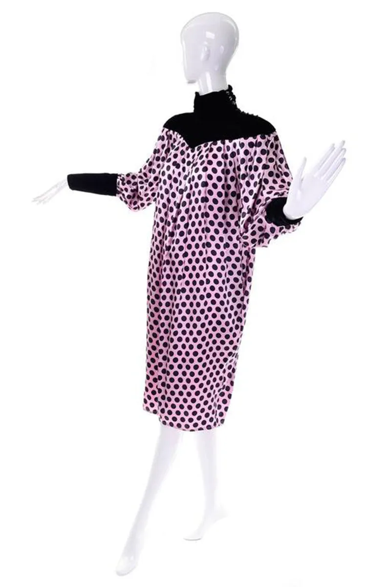 1980s Emanuel Ungaro Tent Dress Velvet & Pink Silk w/ Black Polka Dots