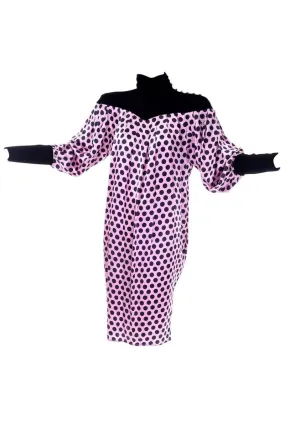 1980s Emanuel Ungaro Tent Dress Velvet & Pink Silk w/ Black Polka Dots