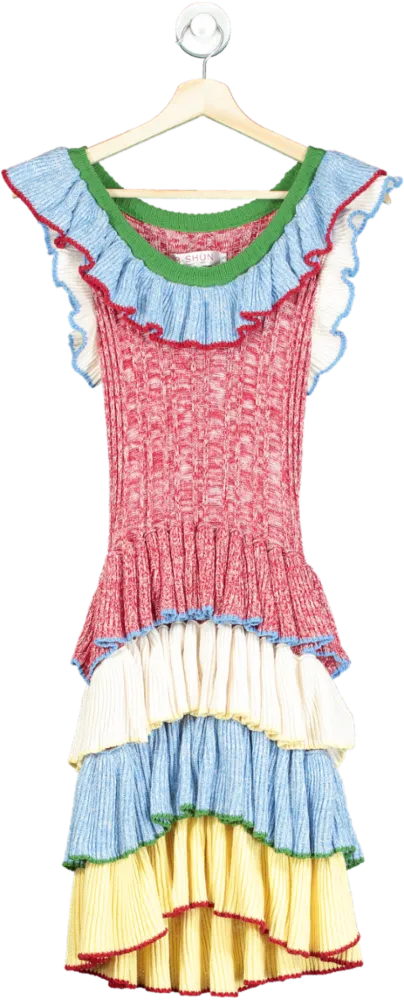 3 Shun Multicolour Ruffled Knit Dress UK S