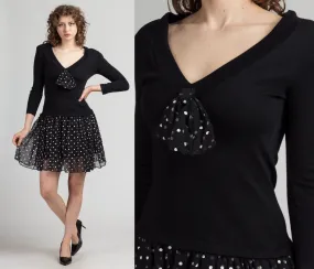 80s Black Polka Dot Drop Waist Mini Dress - Medium