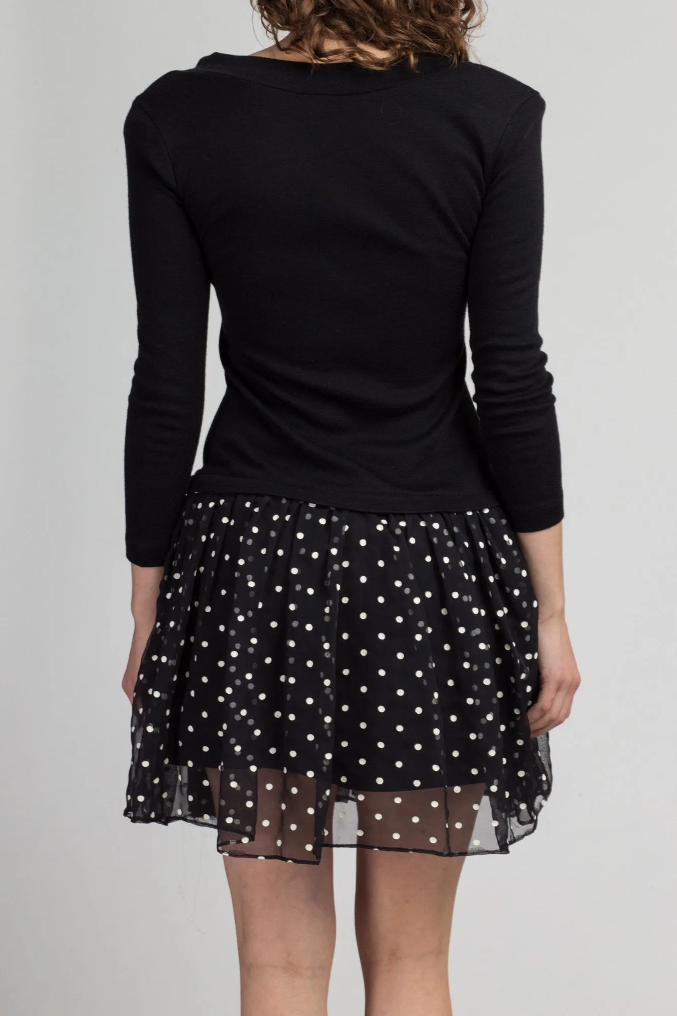 80s Black Polka Dot Drop Waist Mini Dress - Medium