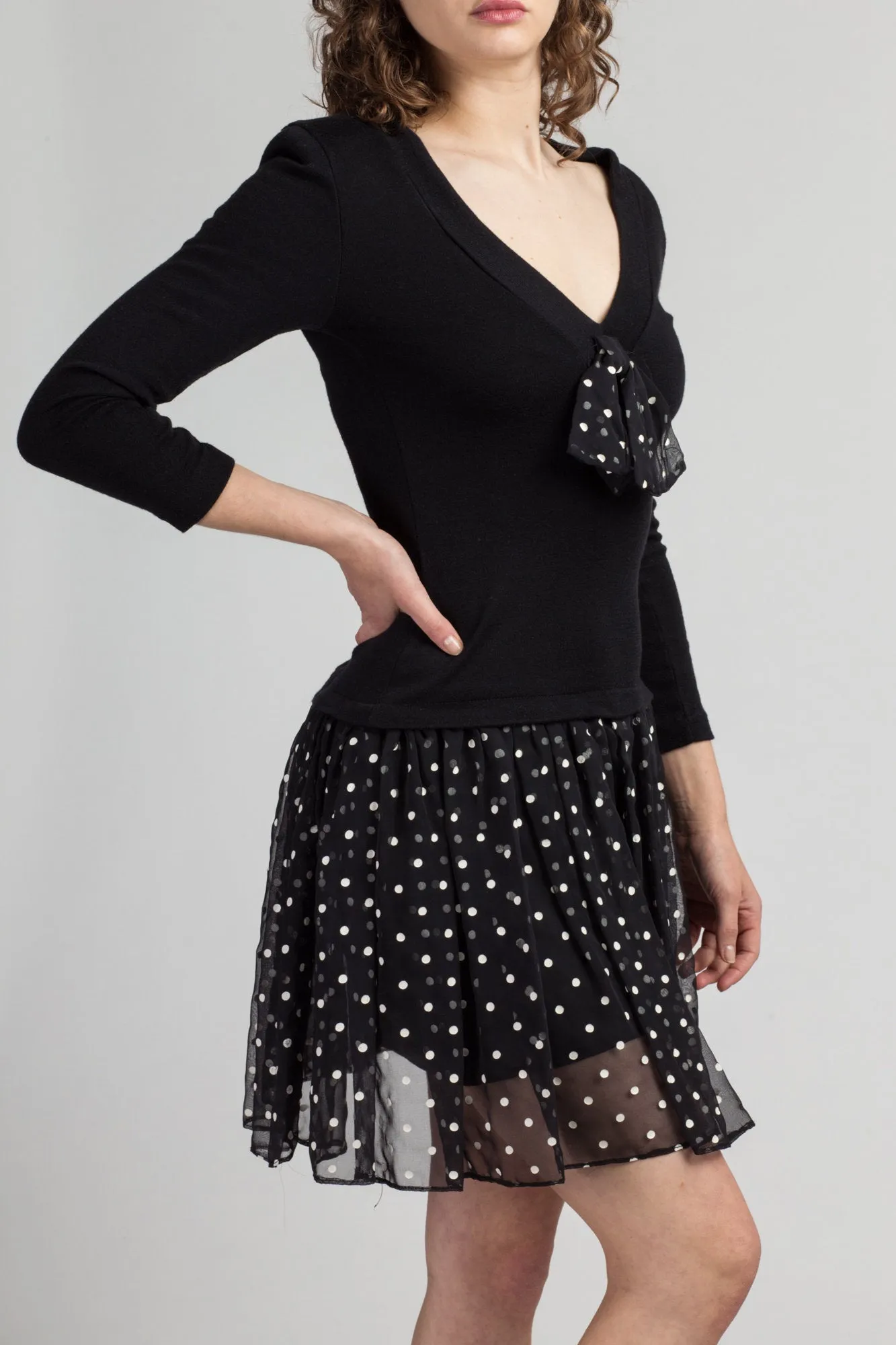 80s Black Polka Dot Drop Waist Mini Dress - Medium