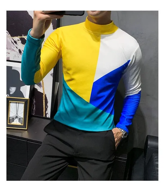 Abstract Multicolor Long Sleeve Turtleneck T-Shirt