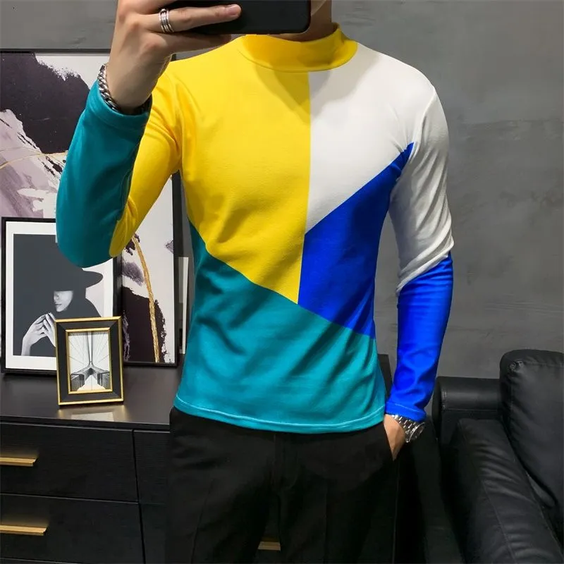 Abstract Multicolor Long Sleeve Turtleneck T-Shirt