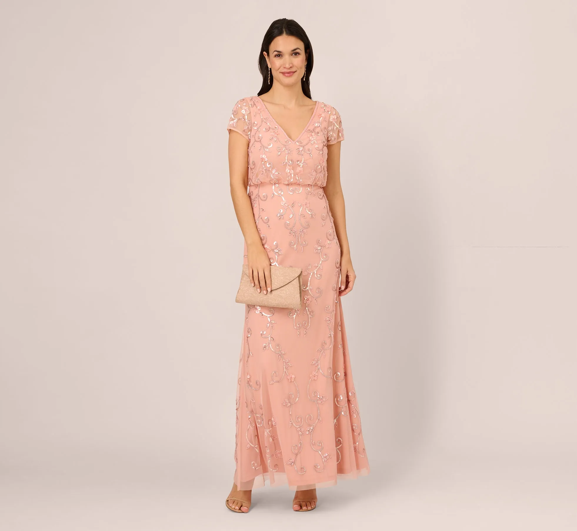 Beaded Blouson Mermaid Gown With Sheer Short Sleeves In Coral Coast