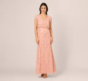 Beaded Blouson Mermaid Gown With Sheer Short Sleeves In Coral Coast