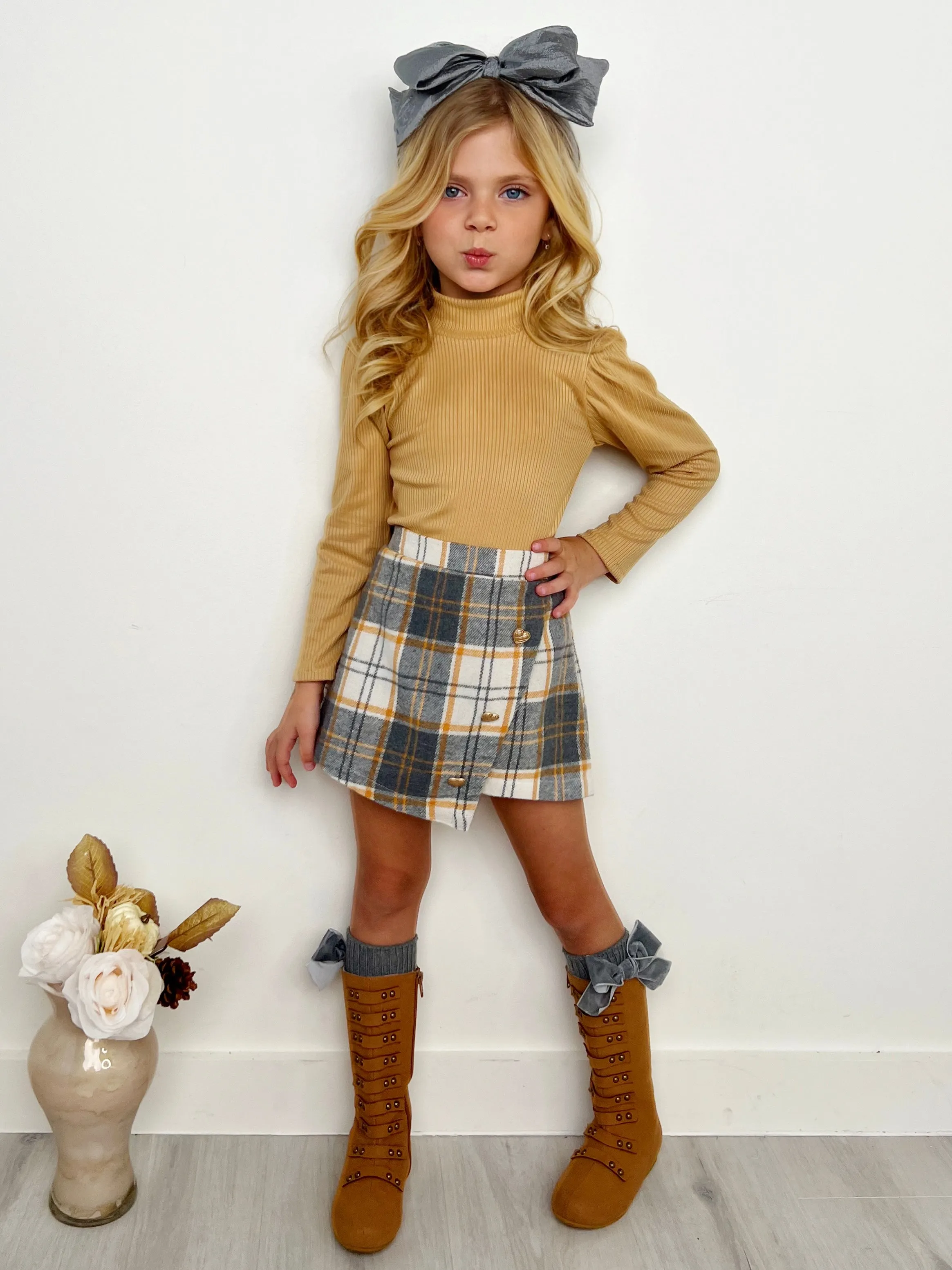 Beige Turtleneck Top And Plaid Skirt Set