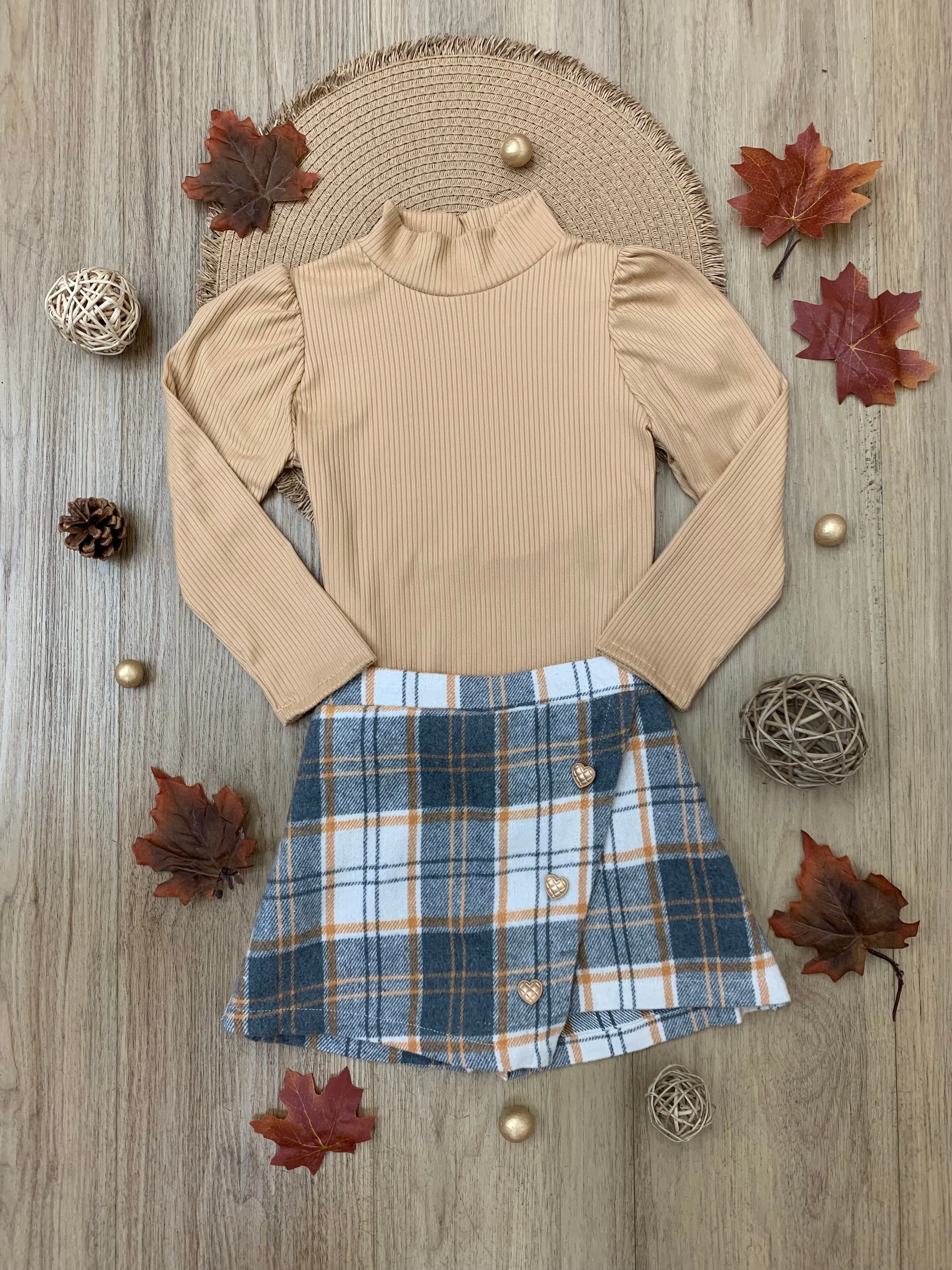 Beige Turtleneck Top And Plaid Skirt Set