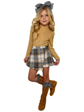 Beige Turtleneck Top And Plaid Skirt Set