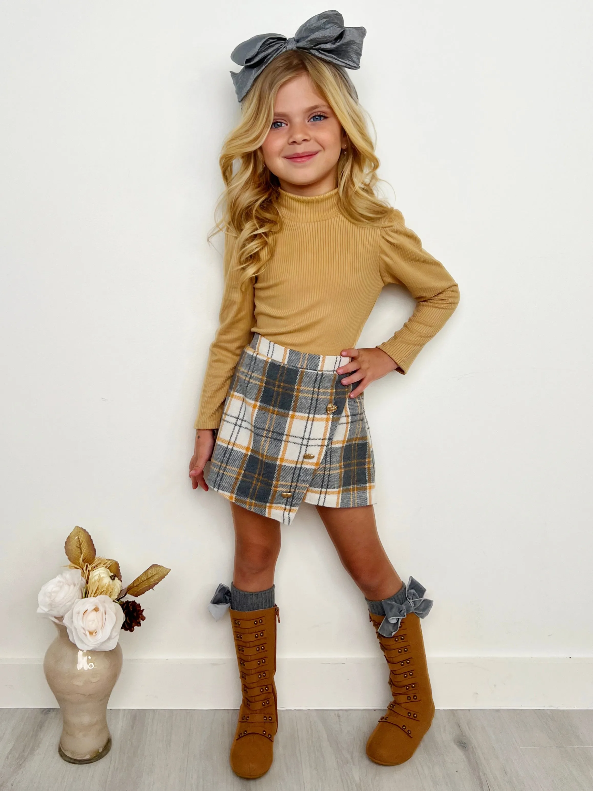 Beige Turtleneck Top And Plaid Skirt Set