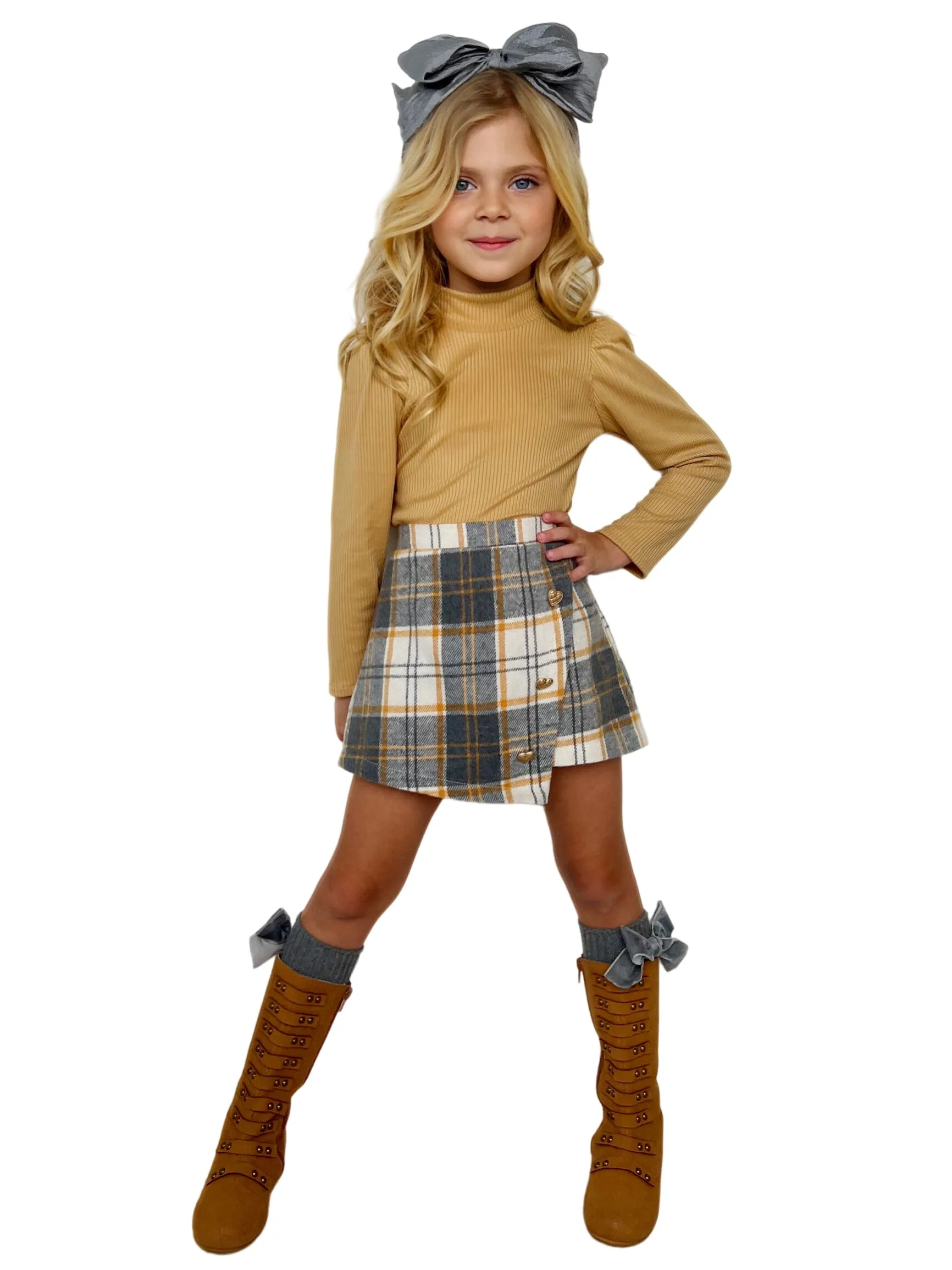 Beige Turtleneck Top And Plaid Skirt Set