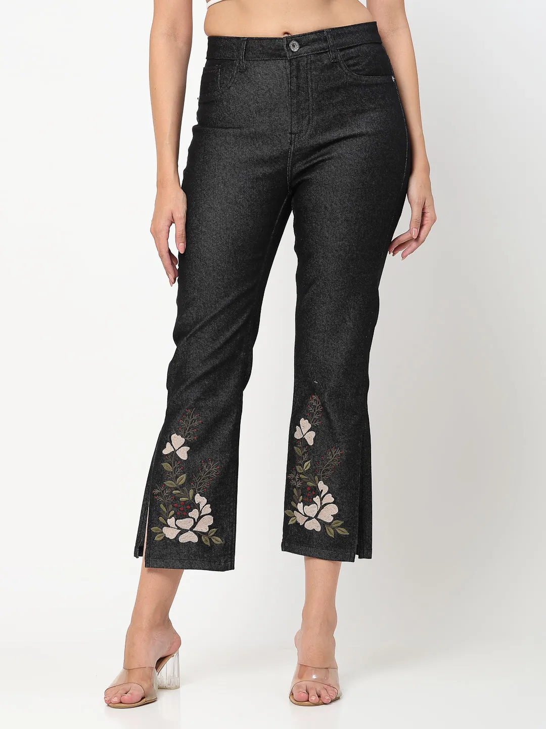 Black Floral Embroidered Side Slit Denim Jeans