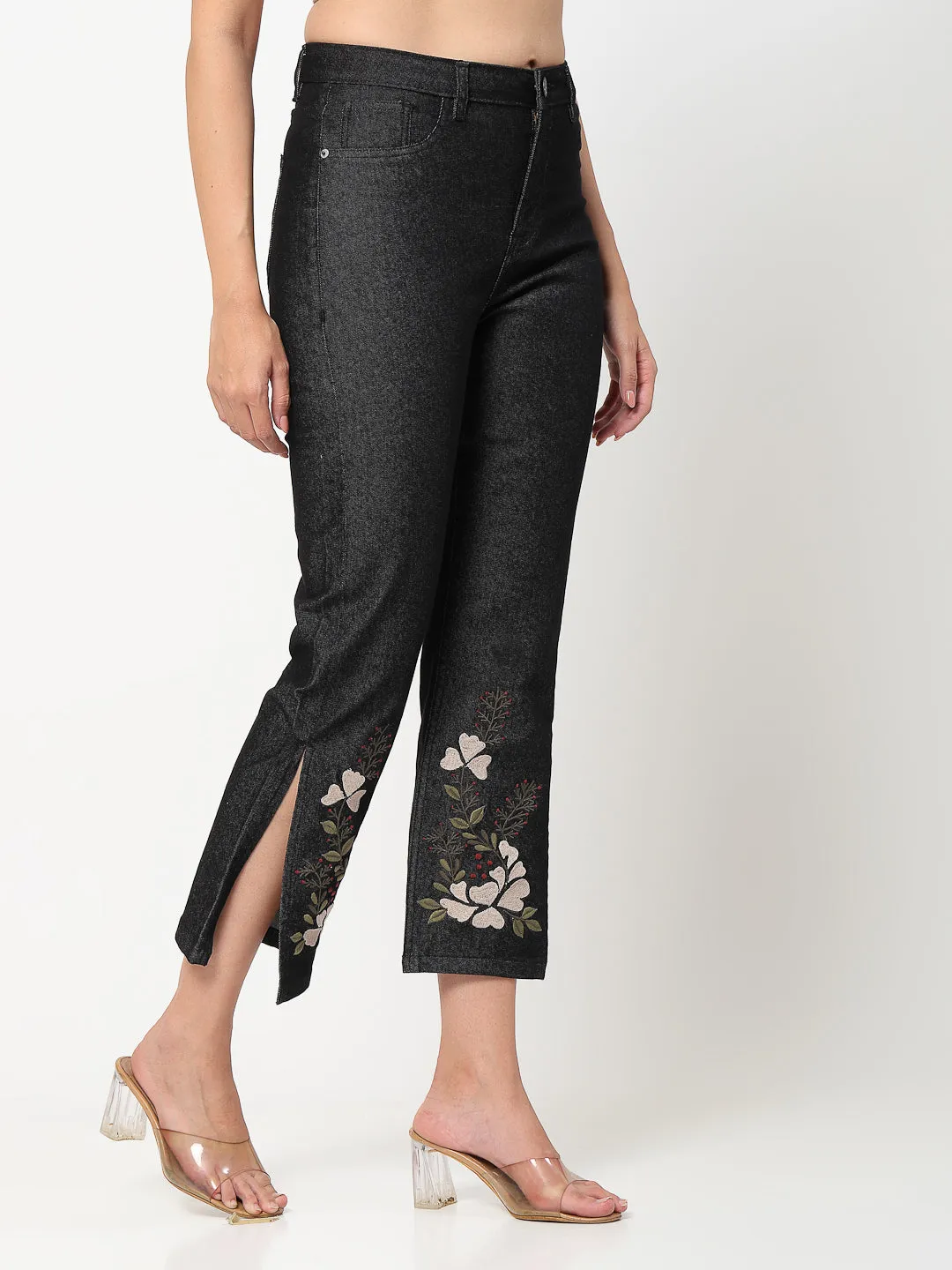 Black Floral Embroidered Side Slit Denim Jeans