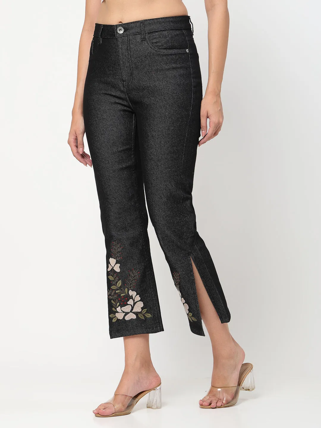 Black Floral Embroidered Side Slit Denim Jeans