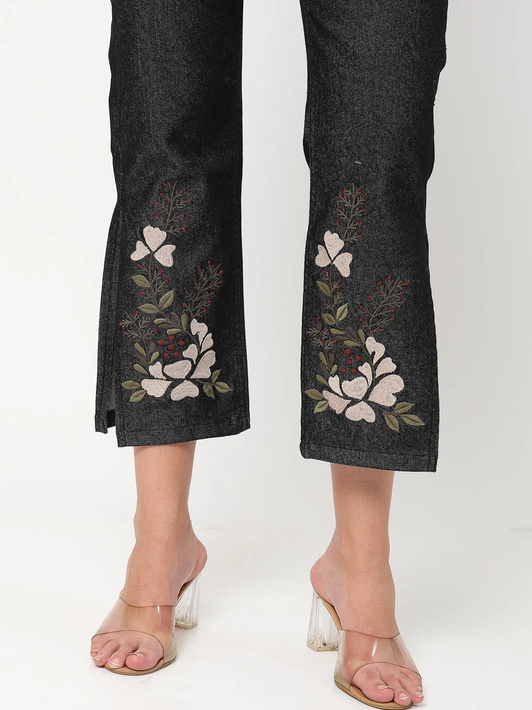 Black Floral Embroidered Side Slit Denim Jeans