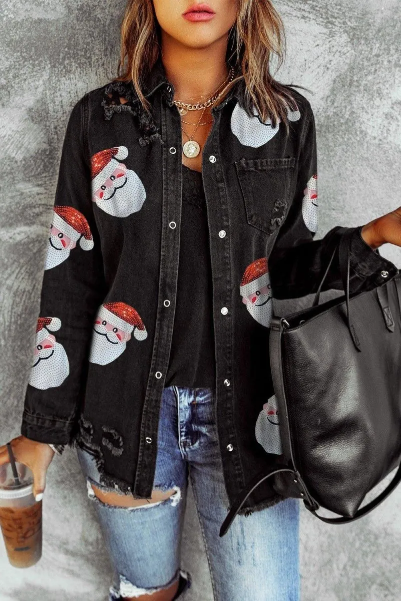 Black Frayed Sequined Santa Claus Graphic Denim Jacket