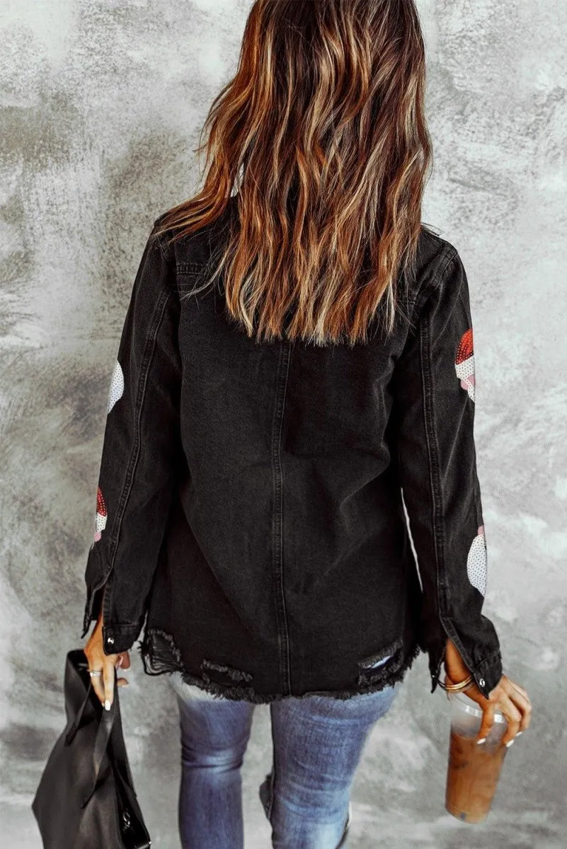 Black Frayed Sequined Santa Claus Graphic Denim Jacket