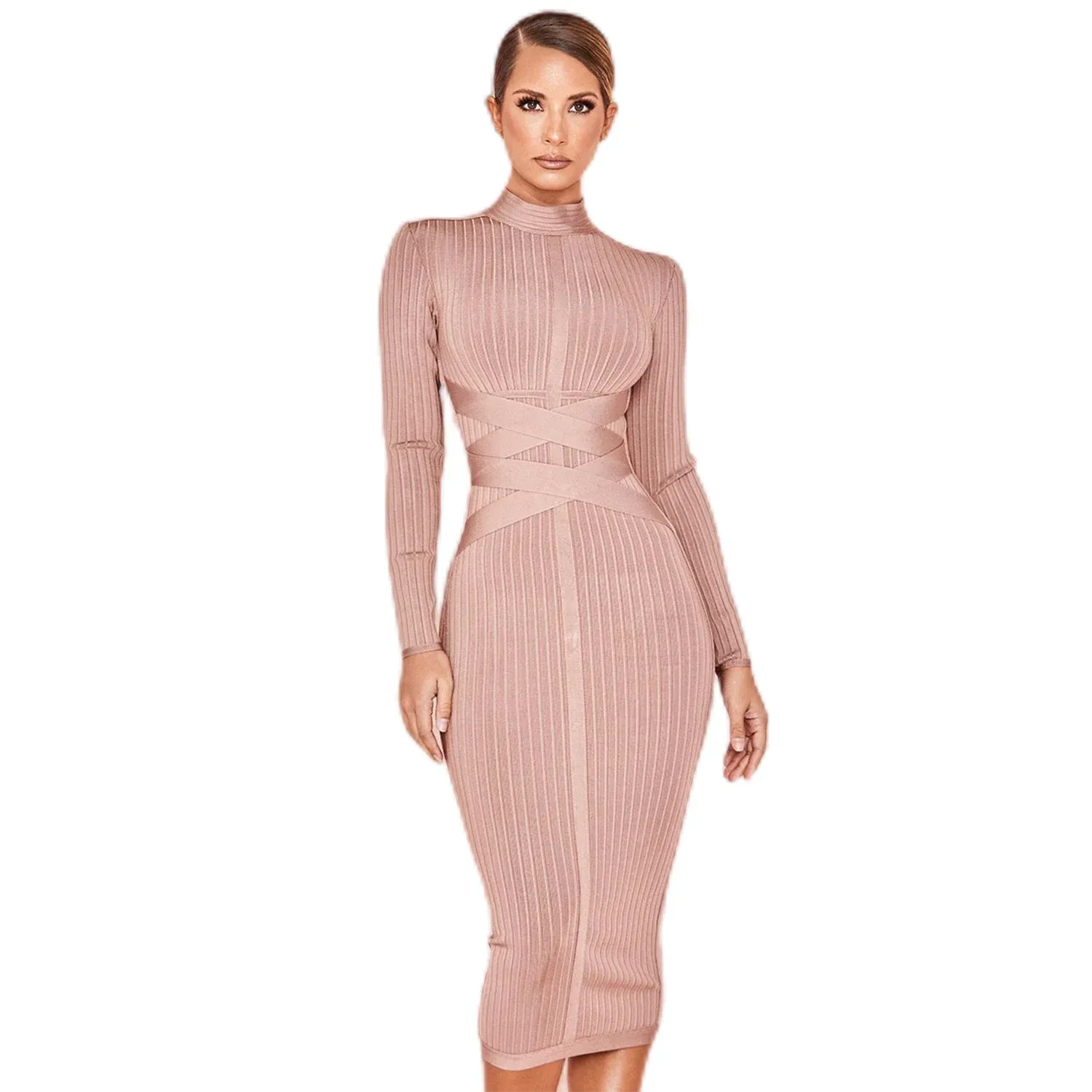 Bodycon Long Sleeve Midi Bandage Dress Knitted Vestido Feminino Elegante Vintage Streetwear Formal Occasion Prom Robe Dresses