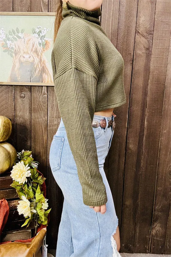 BQ15469 Olive green long sleeve turtleneck sweater short style for women