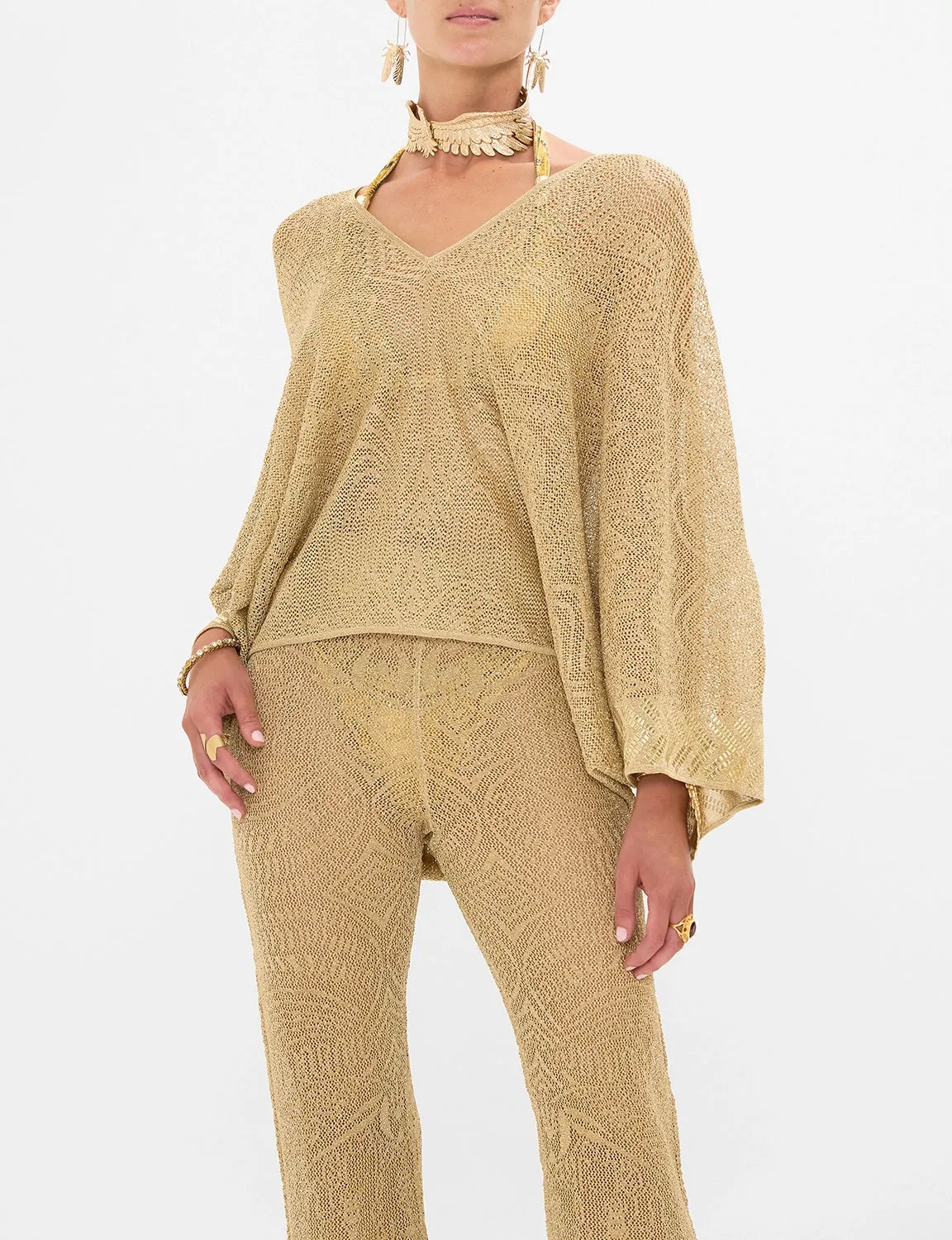 CAMILLA | VALLEY OF THE KINGS RELAXED V NECK KNIT POINTELLE TOP