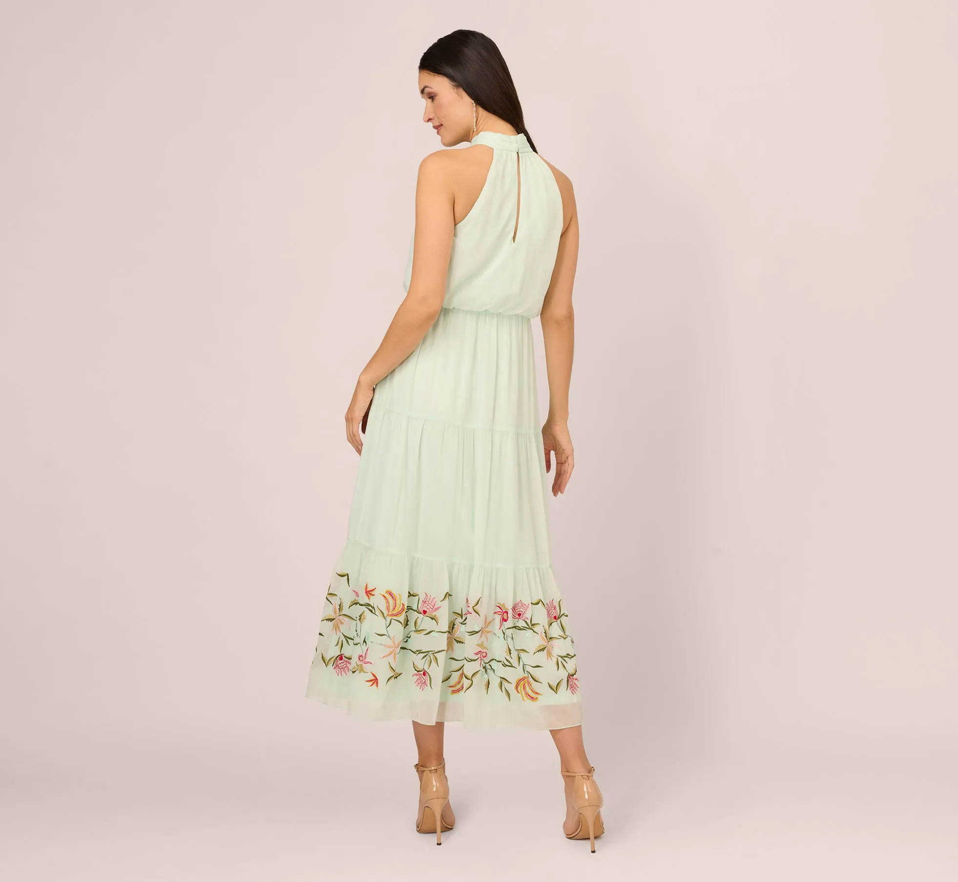 Chiffon Halter Midi Dress With Floral Embroidered Skirt In Mint Glass