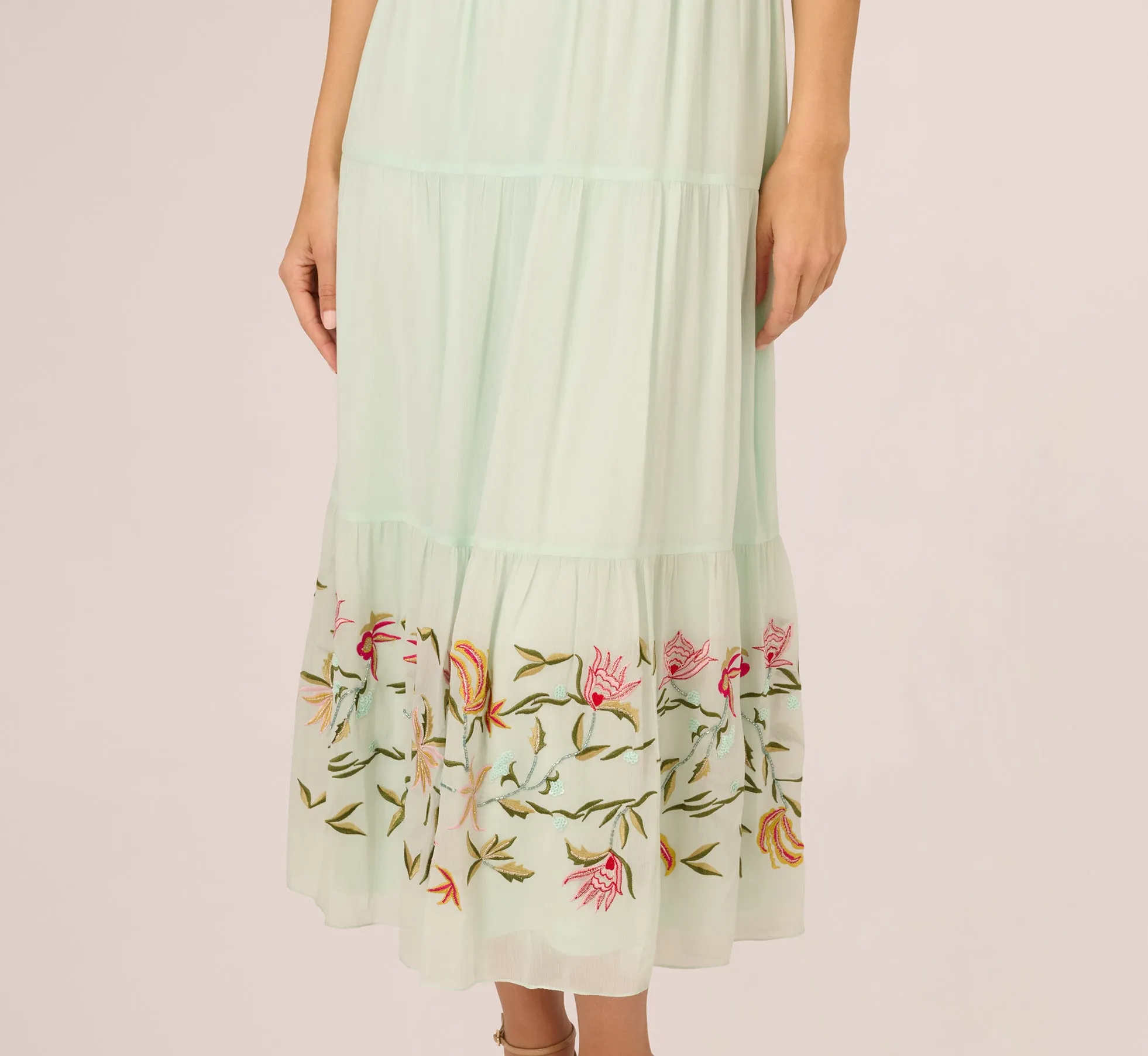 Chiffon Halter Midi Dress With Floral Embroidered Skirt In Mint Glass