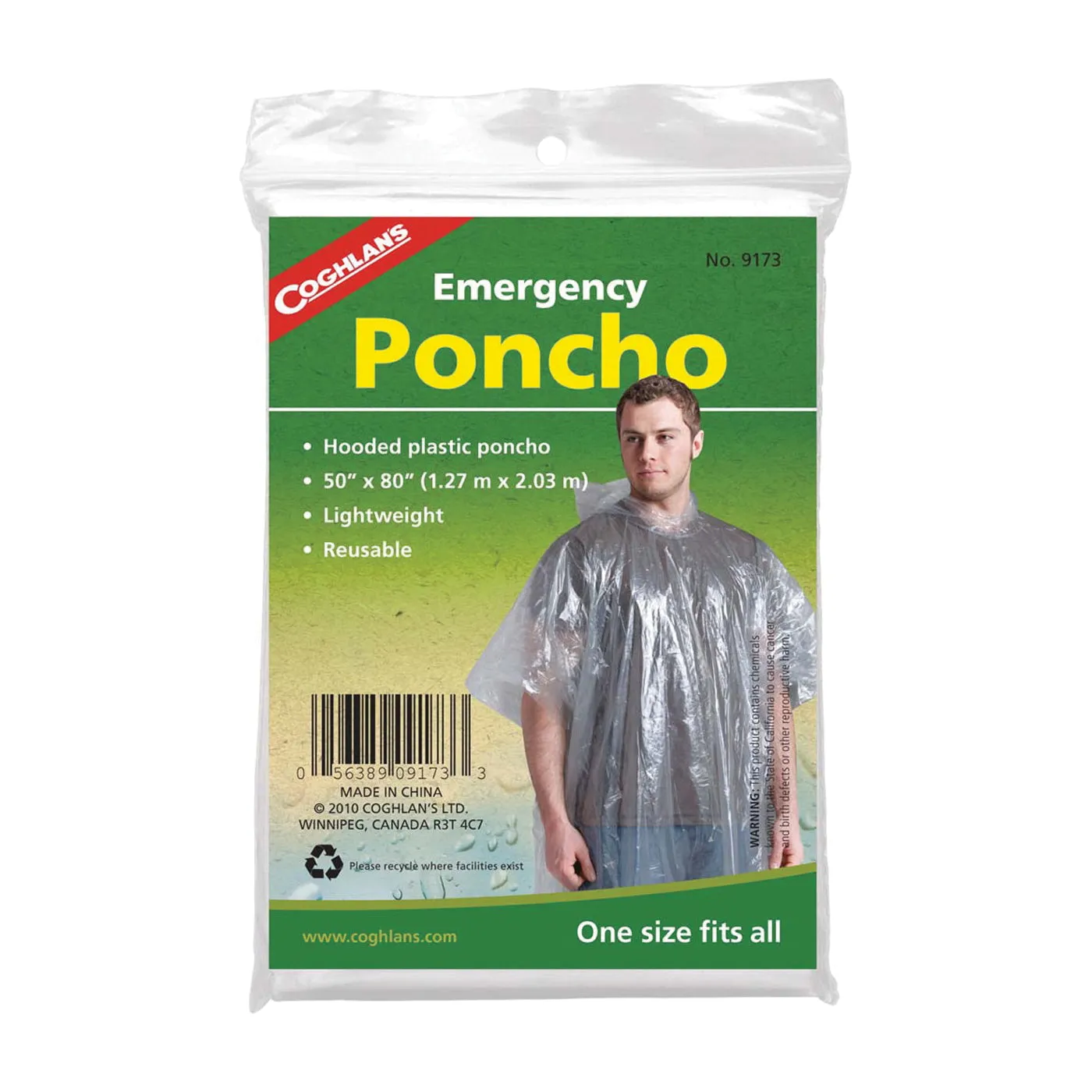 COGHLAN'S 9173 Emergency Poncho, One-Size, Polyethylene, Clear, Reusable Collar