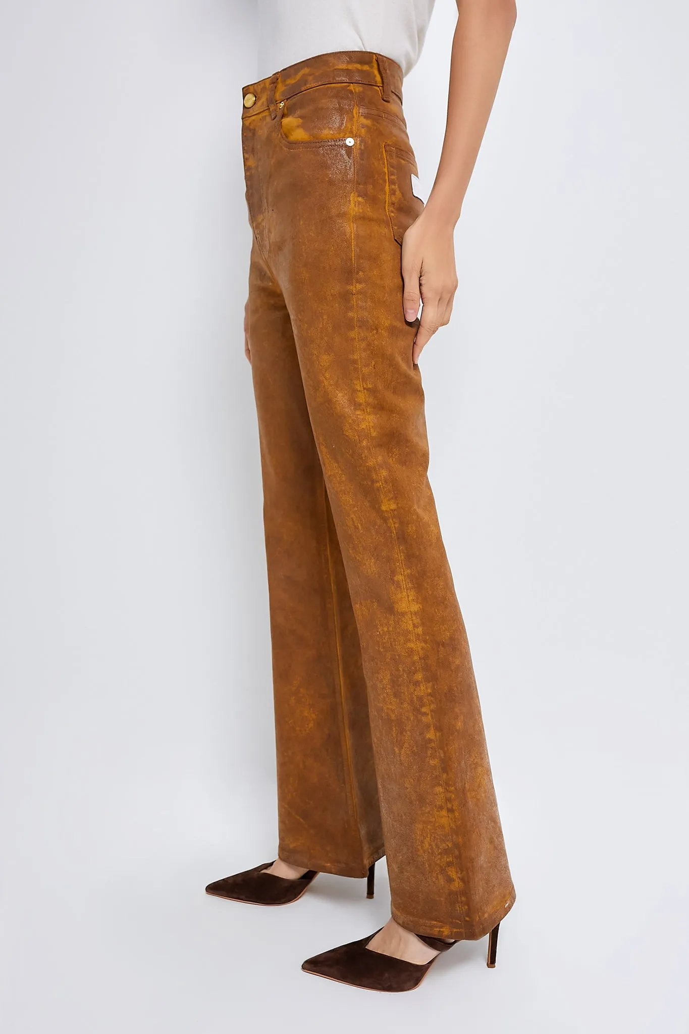 Cognac Foil Overdyed Denim Flare Jeans