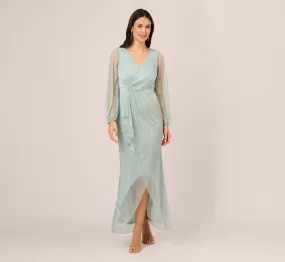 Crinkle Metallic Gown With Sheer Bishop Sleeves And Draped Details In Mint Smoke