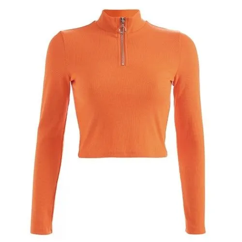 Crop Top Orange Sexy Korean Fashion Knitted Turtleneck Long Sleeve