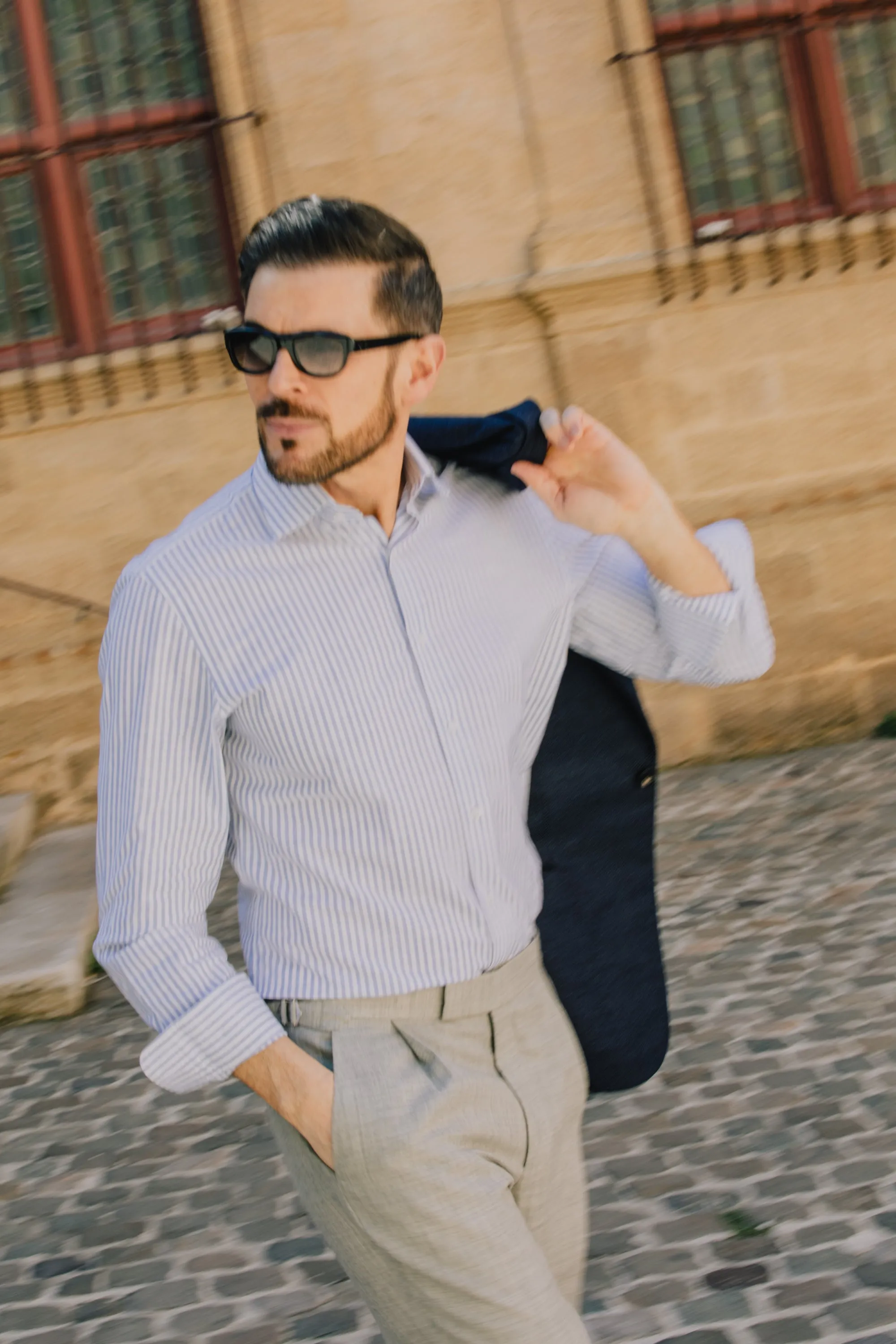 Cutaway Collar Shirt in Blue Stripe Soft Cotton