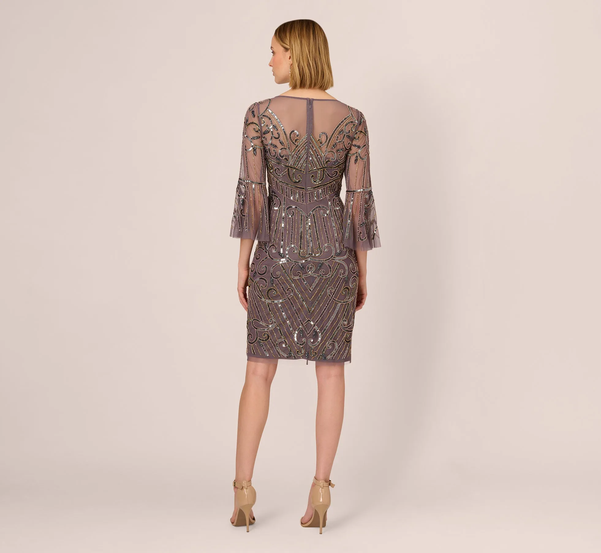 Deco Beaded Sheath Dress With Sheer Bell Sleeves In Moonscape