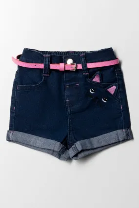 Denim Shorts With 3D Motif Dark Wash Indigo