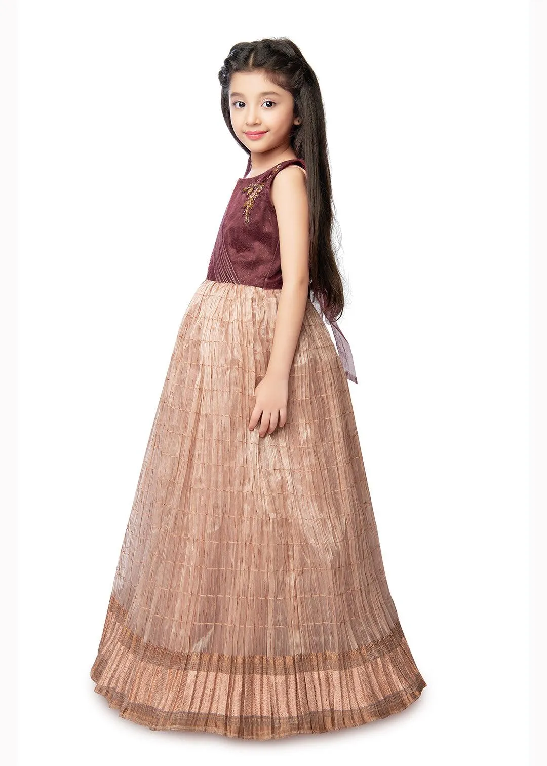 Fawn Coloured Trendy Wire Styled Pattern Maxi Dress Gown For Girls