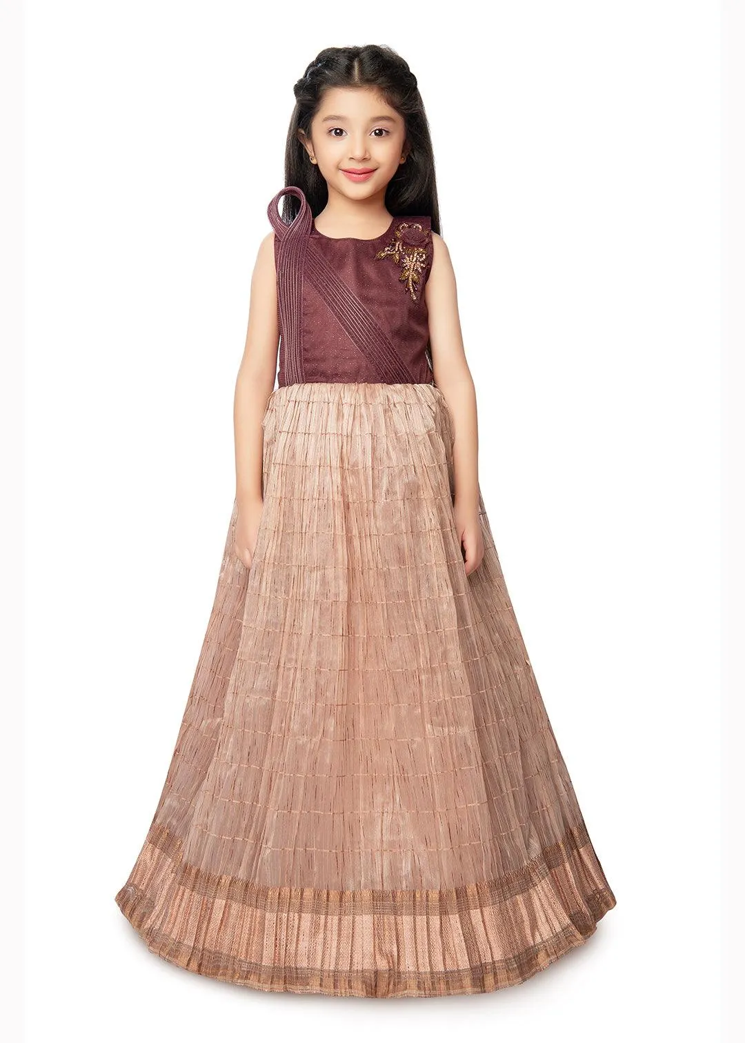 Fawn Coloured Trendy Wire Styled Pattern Maxi Dress Gown For Girls