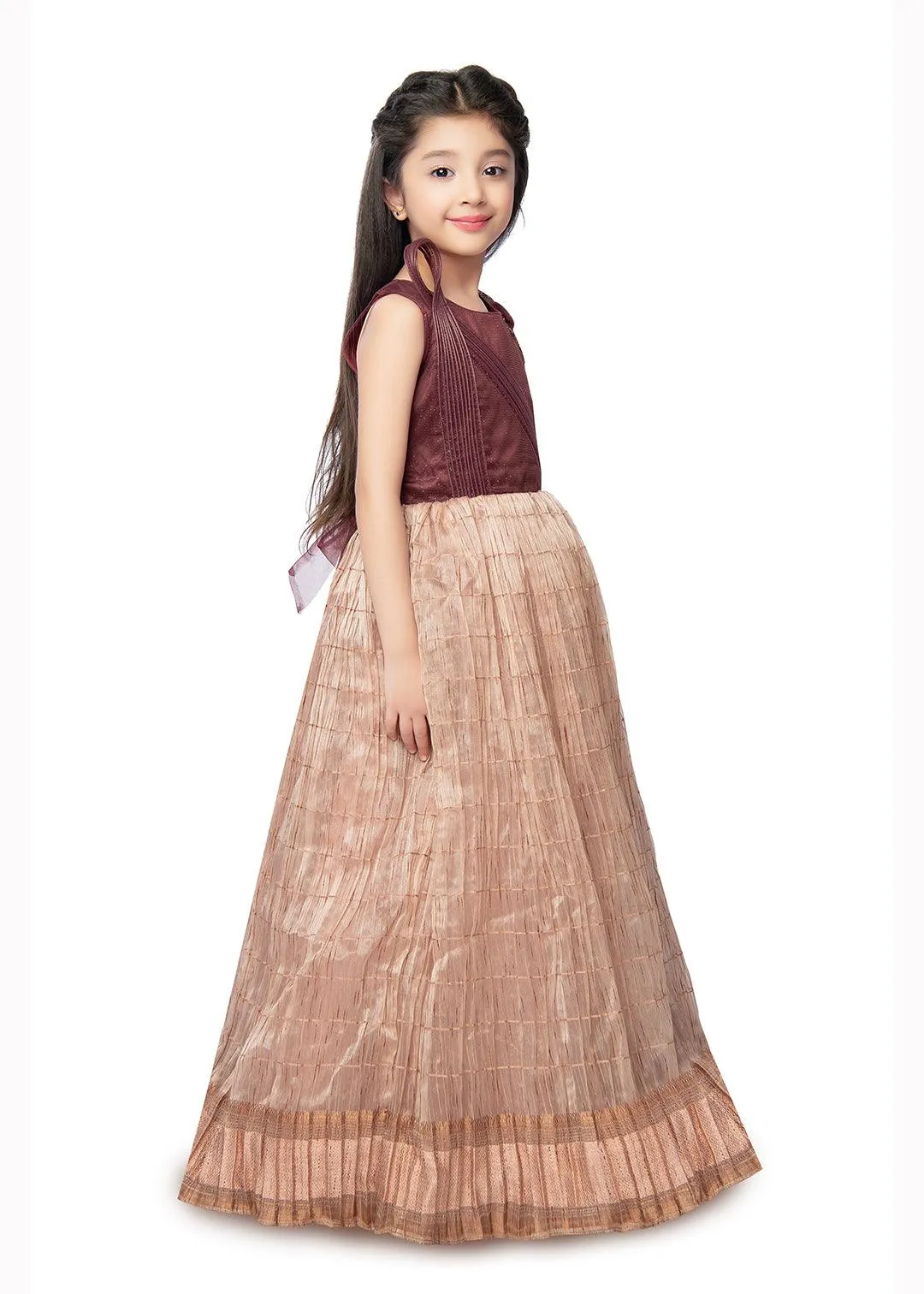 Fawn Coloured Trendy Wire Styled Pattern Maxi Dress Gown For Girls