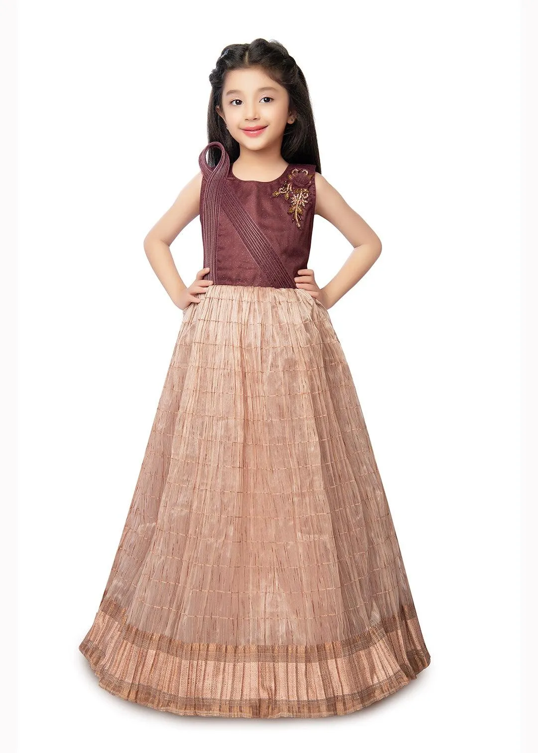 Fawn Coloured Trendy Wire Styled Pattern Maxi Dress Gown For Girls