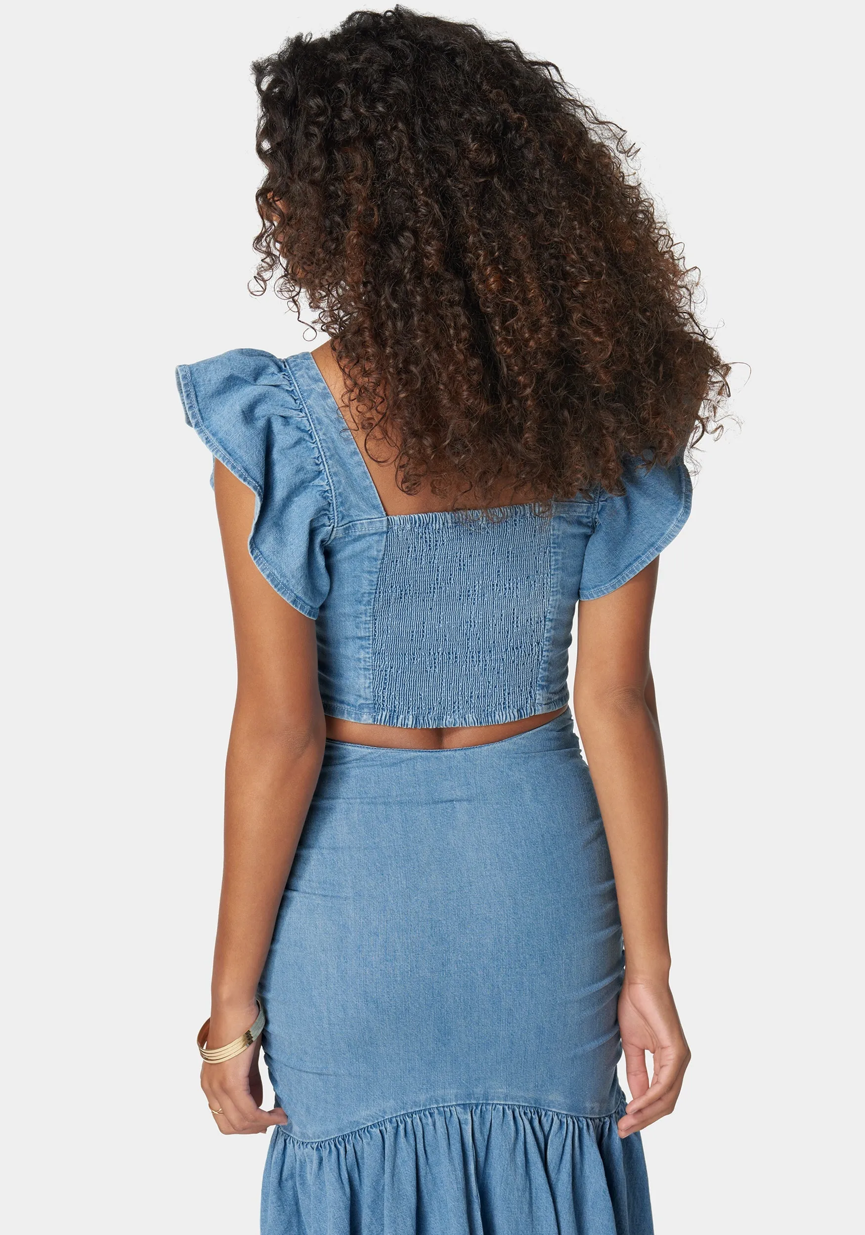 Front Keyhole Ruffle Sleeve Denim Top