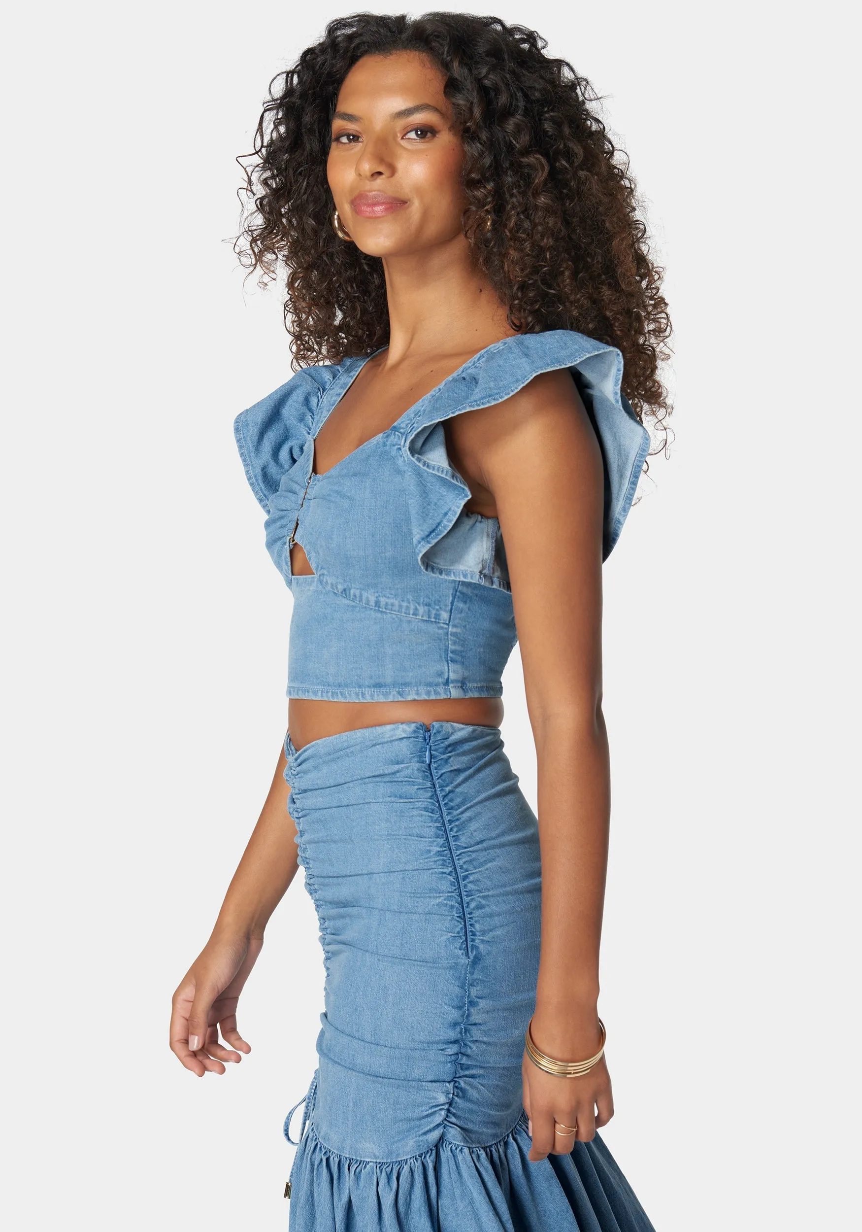 Front Keyhole Ruffle Sleeve Denim Top