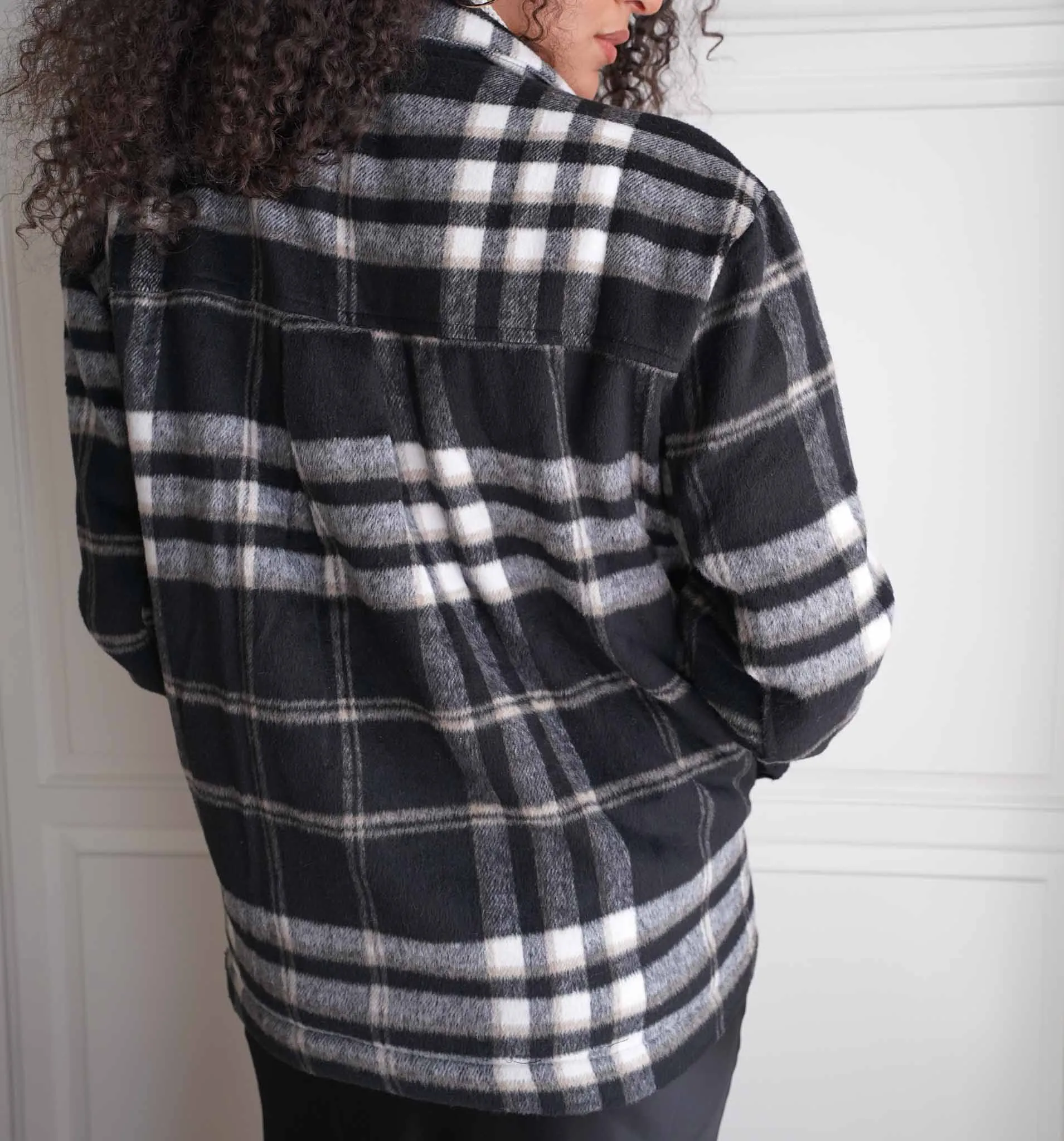 Frosted Flurry Sherpa Lined Plaid Button Up Coat - Black/Cream