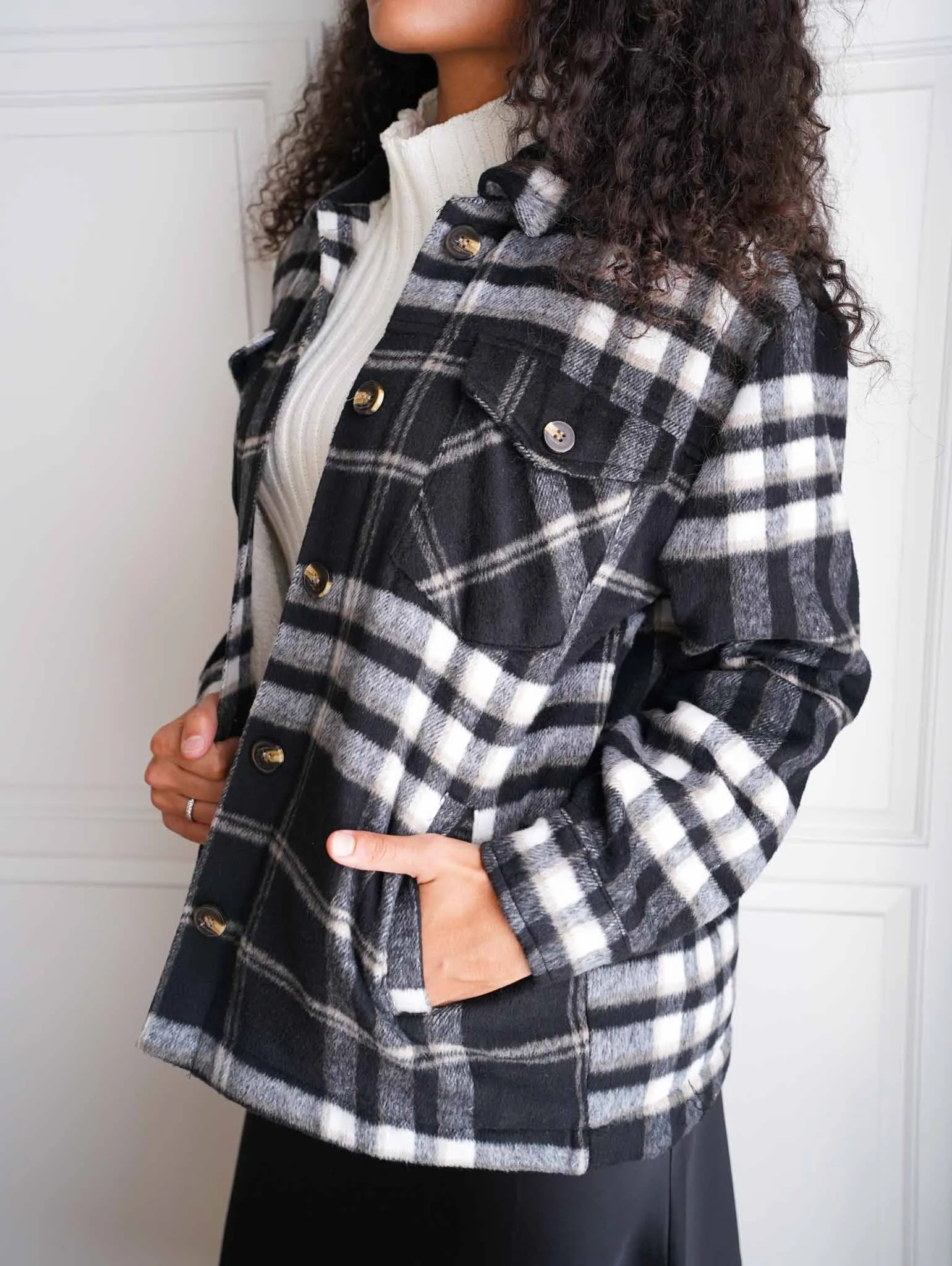 Frosted Flurry Sherpa Lined Plaid Button Up Coat - Black/Cream