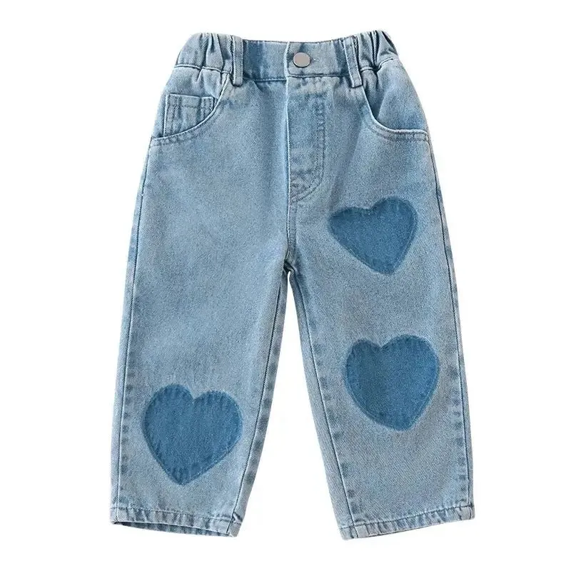 Heart Embroidered Straight Leg Jeans for Girls