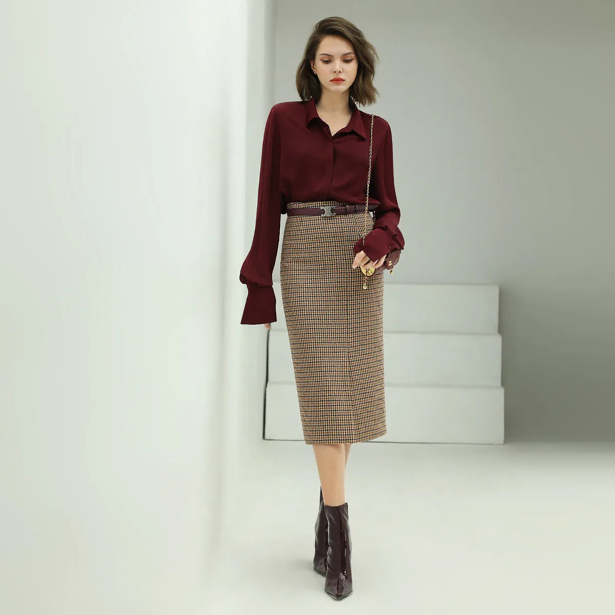 Houndstooth Brown Checkered Wool Skirt